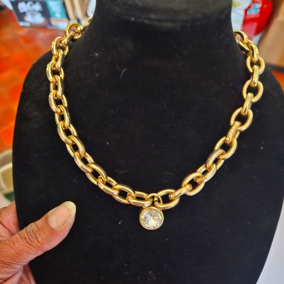 Michael Kors Jewelry - Vintage MK (Michael Kors) Unisex Gold-tone Chain and Crystal/MK Pendant